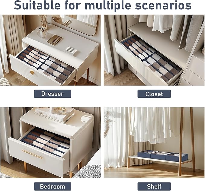 Joyoldelf Sock Drawer Organizer Divider 4 Packs Underwear Organizer, 2 x 24 Cell + 2 x 16 Cell Closet Organizers and Storage Sock Holders for Storing Socks, Handkerchiefs, Ties, Belts (Navy Blue)