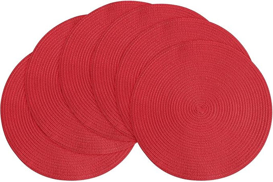 Floroom 15 Inch Round Braided Placemats Set of 6, Washable Heat Resistant Cotton Polyester Circle Place Mats for Kitchen Dining Table - Red
