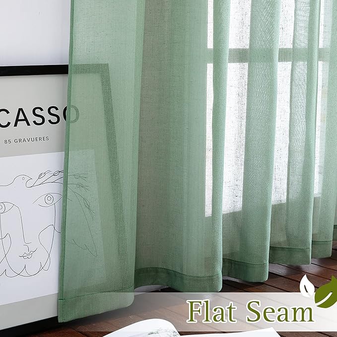 NICETOWN Linen Blend Flax Semi Sheer Window Curtains, Grommet Vertical Drapes Privacy with Light Through for Bedroom/Living Room, Olive Green, W52 x L72, 2 Pieces