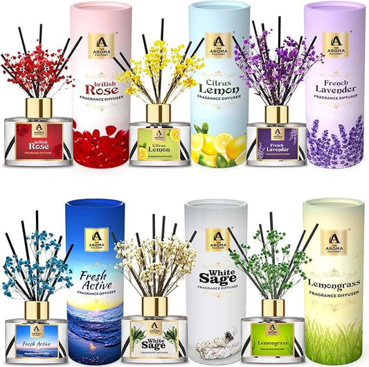 The Aroma Factory Fragrance Reed Diffuser Set with Essential Oil, Aroma Sticks & Real Preserved Flowers | Home Decor Scents (Fresh Active, White Sage, Lemongrass, Lavender, Rose, Lemon, 6 Pack)