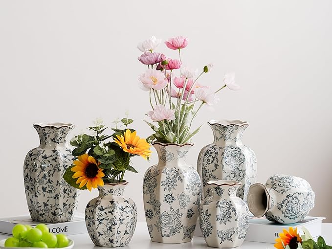 Blue and White Vase, Vintage Blue Ceramic Flower Vessel,Ceramic vases for Home Decor,Vintage Green and Beige for Console Table Mantle Chinoiserie Decor (Retro-03, Large)