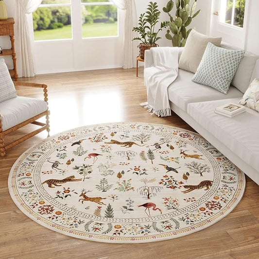 Round Rug 4ft Washable Circle Rug Non Slip Low Pile Boho Floral Animal Small Circular Rug for Bedroom, Bathroom, Entryway, Kids Room, Office, College Dorm (Beige)