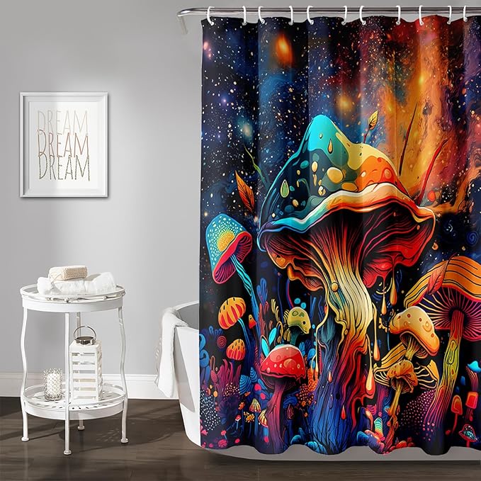 AILONEN Cartoon Magic Mushroom Shower Curtain,Funny Mushroom Waterproof Fabric Shower Curtain Set for Kids Girls,Boho Natural Plants Starry Night Shower Curtain with Hooks for Bathroom, 48" W*72" H