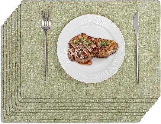 Softalker Faux Leather Placemats Set of 8-Vinyl Heat Resistant Place Mats, 100% Waterproof Oilproof Wipe Clean Table Mats for Indoor & Outdoor Use, 17’’×12’’, Grass Green
