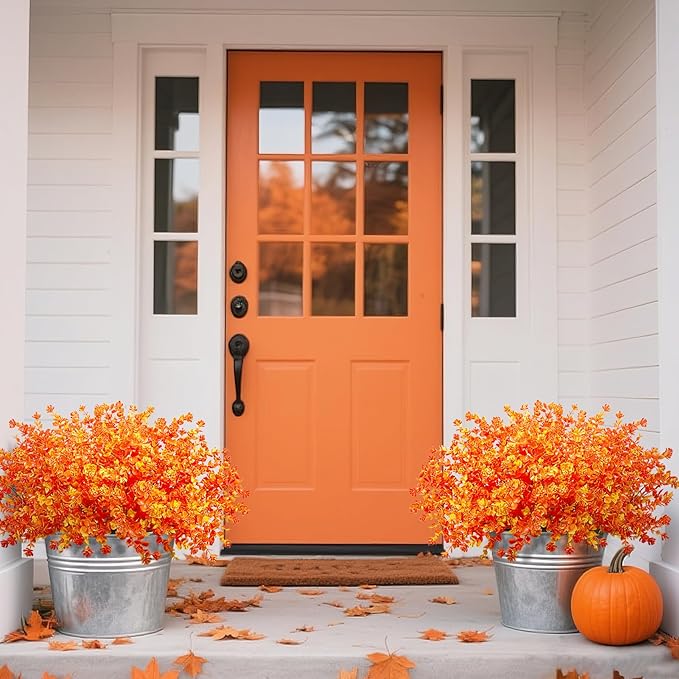 Ouddy Decor 24 Bundles Artificial Fall Flowers for Outdoor Decoration UV Resistant Fake Mums Fall Plastic Flowers Faux Plants for Autumn Indoor Outside Patio Planters Window Home Decor, Orange Yellow