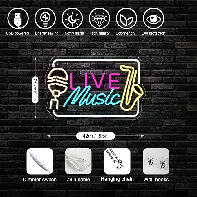 Live Music Neon Sign Bright LED Wall Decoration for Music Venues, Bars, Clubs or Homes, USB Power Adjustable Brightness, Classic Song Theme Decoration