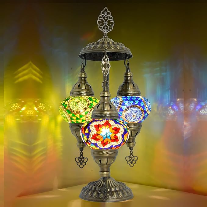 Mozaiist Anatolian Star Turkish Mosaic Glass Table Lamp, Metal Base, 3 Globe