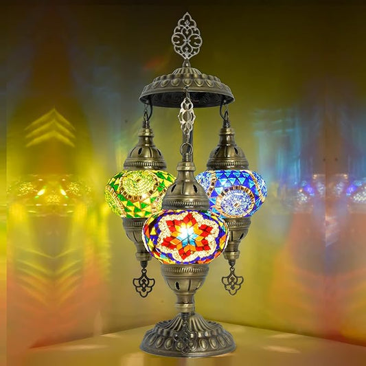 Mozaiist Anatolian Star Turkish Mosaic Glass Table Lamp, Metal Base, 3 Globe