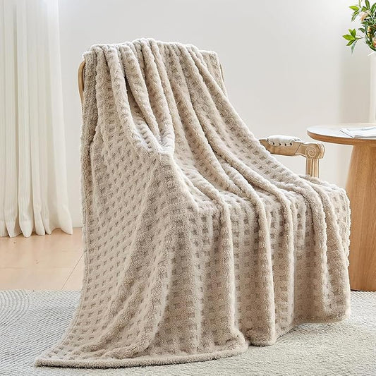 NEWCOSPLAY Super Soft Twin Blanket Linen Premium Silky Flannel Fleece 3D Waffle Checkered Lightweight Bed Blanket All Season Use (Linen, Twin(60"x80"))