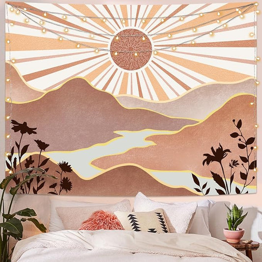 Lunerfex Boho Sun Tapestry Sunset Wall Tapestry, Mountain Tapestries for Bedroom 80s Tapestries Wall Hanging for Bedroom Living Room Wall Decor Boho-1 70"x90"