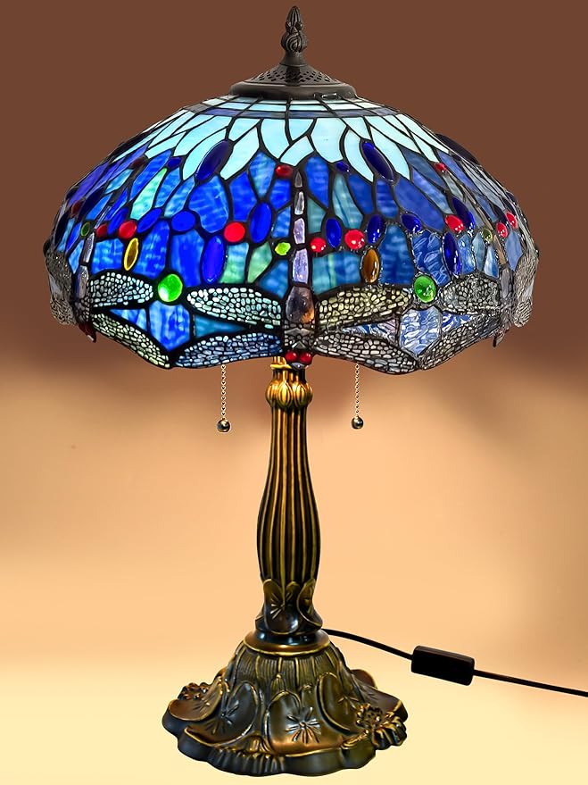 KY&BOSAM Tiffany Dragonfly Table Lamp Tiffany Style Table lamp Stained Glass Style Desk Lamps 24 Inch Tall Glass 16 Inch Wide Lamp Shade Beside Lamp 2 Bulb Antique Zinc Base for Home Bedroom Decor