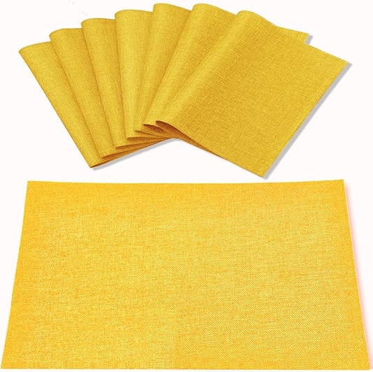 Linen Type Fabric Placemats Set of 8, Machine Washable, Heat Resistant, Wrinkle Free Thick Polyester Kitchen Place Mats for Dining Table (Yellow)