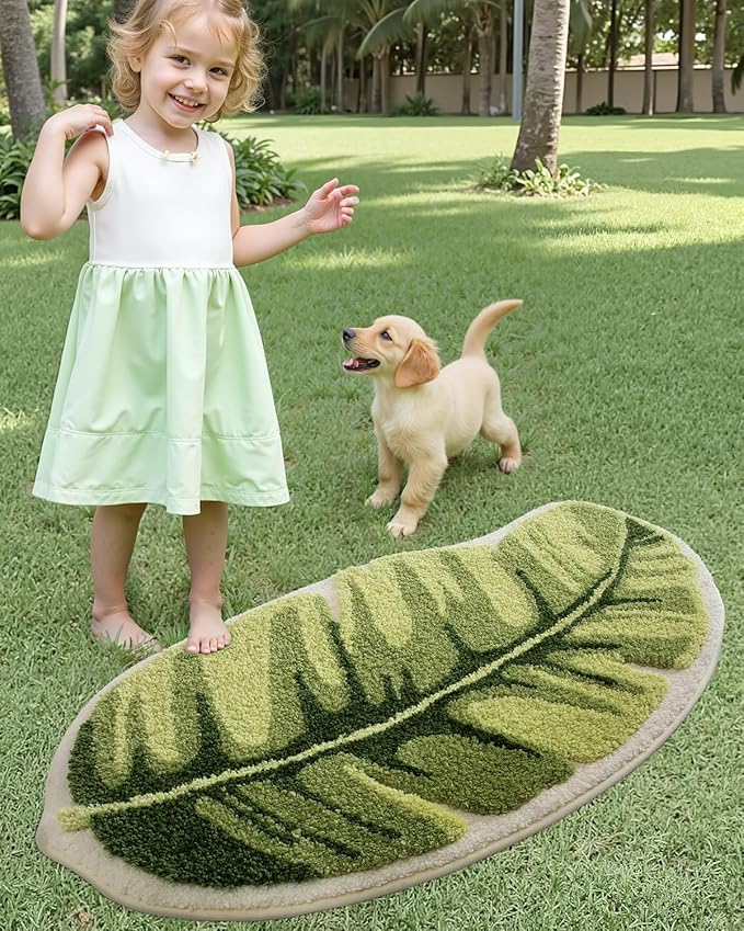 LUMI Cute Bathroom Rugs with Green Leaf Plant, Soft, Fluffy, Plush, Absorbent, Quick Dry, Non Slip, Machine Washable for Shower Floor, Bathroom, Bedroom,Kids Room, 19.5"x39.5", Palm Leaf