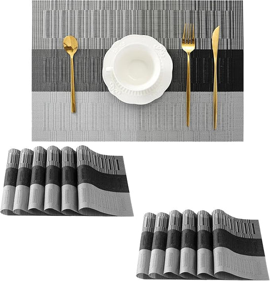 Leetaltree Grey with White Striped Placemats Set of 12 - Heat Resistant Non-Slip Place mats for Dining Table, Washable Durable PVC Vinyl Woven Table Mats（Grey Stripe, 12）