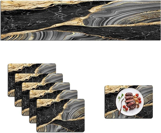 Mcalk Black Marble Table Runner and Placemats Set of 6 Pieces, Gold Marble Placemats, Modern Cloth Place Mats Indoor for Kitchen,Washable Linen Material for Dining Table
