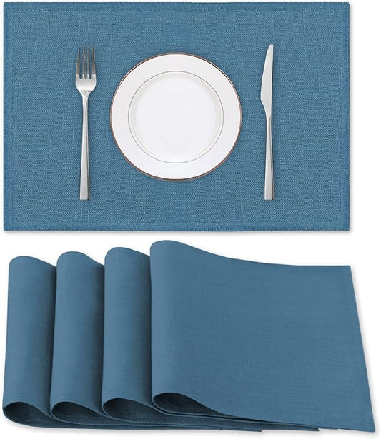 H.VERSAILTEX Linen Placemats Set of 4 Premium Solid Table Mats for Dining Table Spill-Proof Waterproof Heat-Resistant Kitchen Mats Washable, 12x18 inches, Ink Blue
