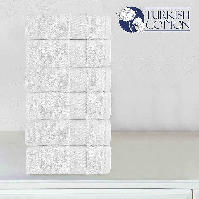 Elegant Comfort Premium Turkish Cotton 6 Pack Washcloths Set - 13 x 13 inch, Luxurious Hotel Spa Quality 100% Turkish Cotton 6PC Washcloth Set - Highly Absorbent - Soft Bathroom Towels, White