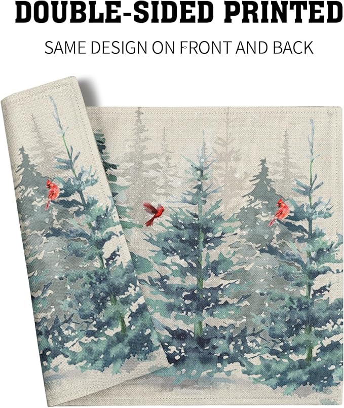 Winter Forest Tree Placemats Set of 4，Pine Tree Christmas Red Bird Heat Resistant Non Slip Place Mats Cotton Linen Tablemats for Dining Table Kitchen Decor 18 x 12 Inch