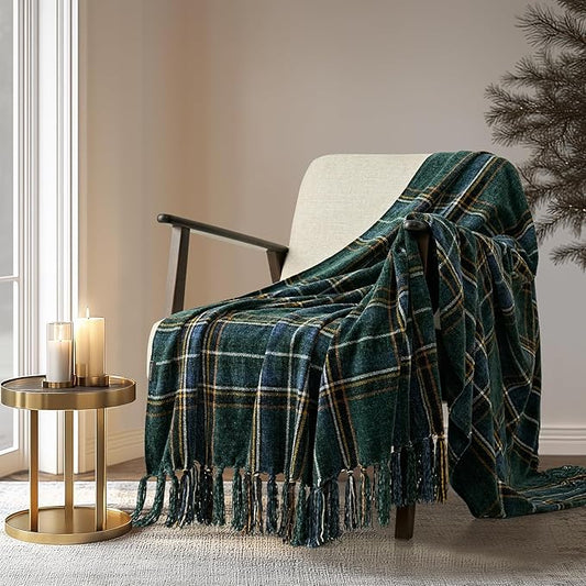 EVERGRACE Stewart Green Christmas Plaid Chenille Throw Blanket for Couch, Super Soft Cozy Tartan Checkered Throw Blanket with Tassels, Lightweight Plush Chenille Throw for Christmas Decor, 60"x80"