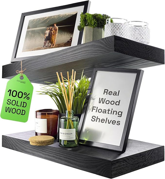 BAOBAB WORKSHOP Wood Floating Shelves for Bathroom Wall - Black Shelf 16 inch - Solid Wood Shelves for Wall for Bedroom Kitchen Living Room - Black Floating Shelves - 16 x 6.7 Inch, Set of 2