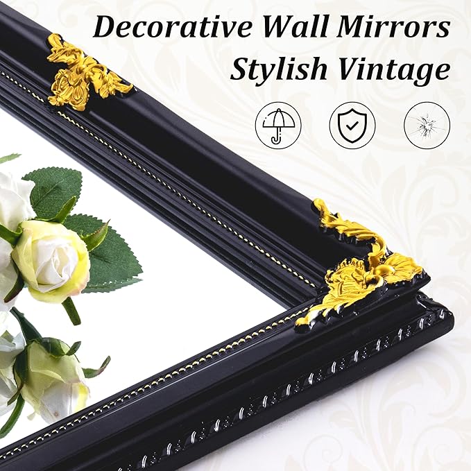 Vintage Mirror Wall Decor, 31" x 19" Black and Gold Decorative Antique Mirror with Ornate Baroque Wood Frame for Bathroom, Entryway, Living Room Over Couch