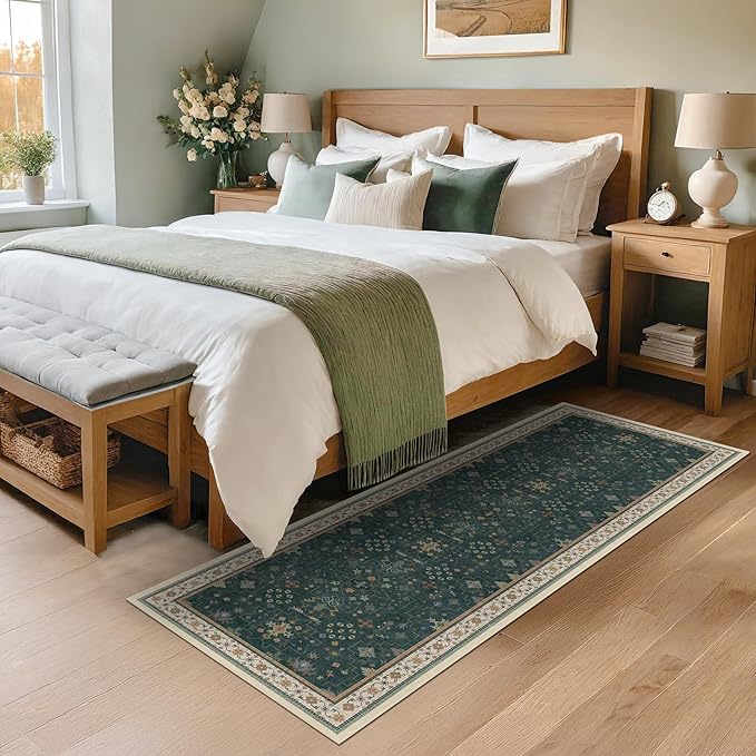 Dark Green 2x6 Kitchen Rug - Modern Vintage Boho Eclectic Floral with Brown Accent, Washable Low Pile Non-Slip Runner Rugs for Bathroom, Door Mat Indoor Entrance, Hallway, Bedroom, Laundry