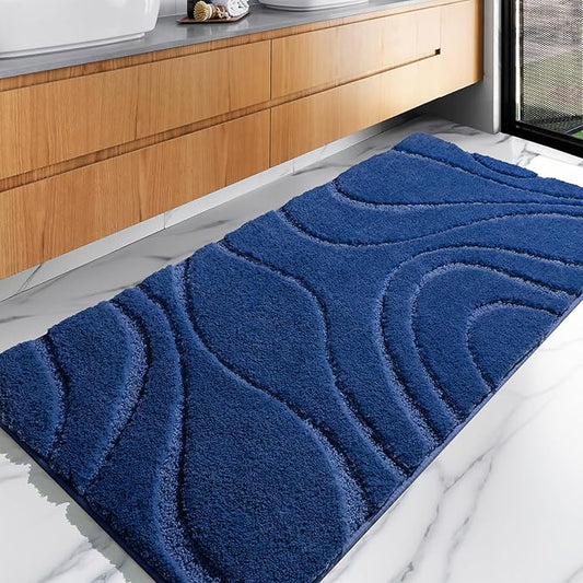 EXDE Bathroom Rugs Mat, Soft Plush Shaggy Microfiber Bath Rug, Non Slip Bath Mats for Bathroom Runner Floor, Machine Washable Absorbent Carpet for Shower Tub, Navy Blue 24"x47"
