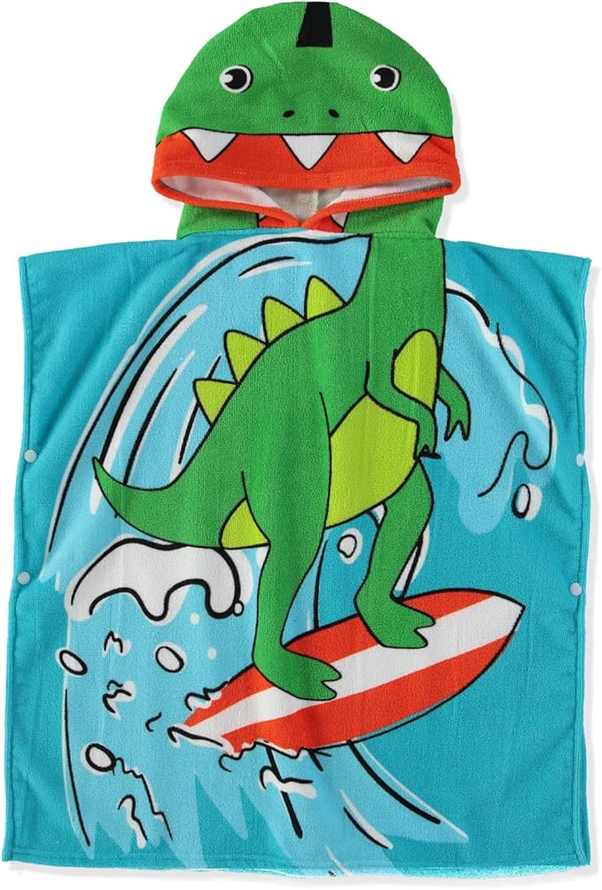 Boys and Girls Absorbent Hooded Beach Towel Pullover Character Microfiber Bath Towel with Side Snaps (Dino, 2-3T)