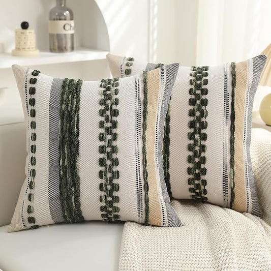 Boho Pillow Covers 18x18 Set of 2 for Couch-Modern Farmhouse Sofa Green Decorative Throw Pillow Covers Textured Chenille Cushion Covers Outdoor Netural Bohemian Bed Pillow Cases Square