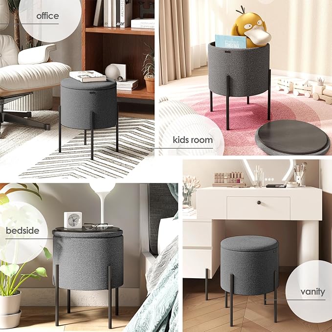 StorageBud Round Ottoman with Storage, Boucle Storage Ottoman, Foot Stool Ottoman, Makeup Vanity Stool, Small Ottoman Foot Rest, Modern Ottomans for Living Room and Bedroom, Grey