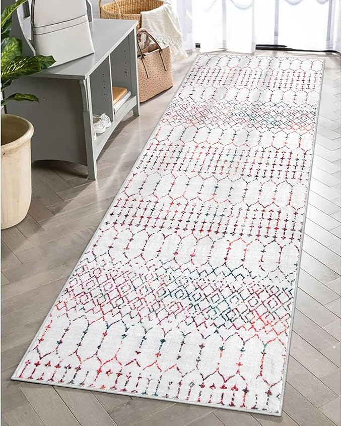 Lahome Moroccan Long Kitchen Rugs Runners - 2x8 Rug Runners for Hallways Low-Profile Non Slip Rubber Backed Carpet, Geometric Print Distressed Floor Mat for Entryway Laundry Room Foyer