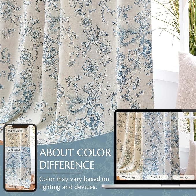 jinchan Blackout Linen Blend Curtain Floral Blackout Curtains for Living Room 90 Inch Length Blue Printed with Lined Blackout Curtain for Bedroom Farmhouse Curtains Set 2 Panels