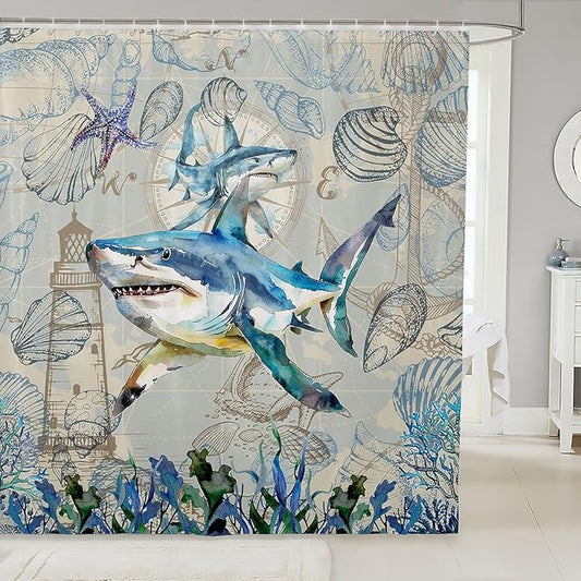 Feelyou Shark Fabric Shower Curtain Under Sea Animals Themed Shower Curtain for Kids Shells and Corals Bathroom Waterproof Accessories with 12 Hooks Watercolor Blue and Brown Curtains,72X72 Inches