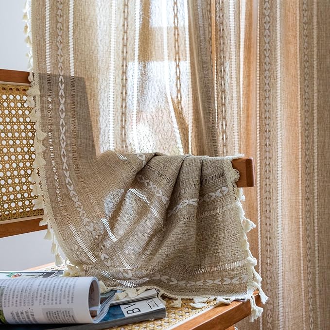 Sutuo Home Boho Curtains for Bedroom Living Room 90 Inch Length, Light Filtering French Country Farmhouse Vintage Shabby Chic Tassels Hollow Window Treatment Bohemian Drape 1 Panel 52"W x 90"L Natural