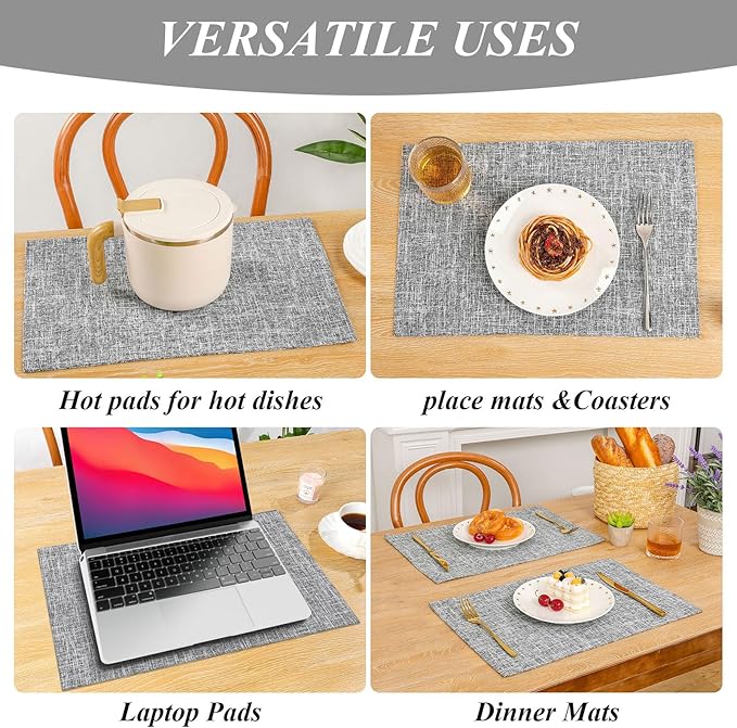 SHACOS Fabric Placemats Set of 4 Washable Heat Resistant Double Layer Thick Table Mats Non Slip Cloth Place Mats Indoor Outdoor, Light Grey White