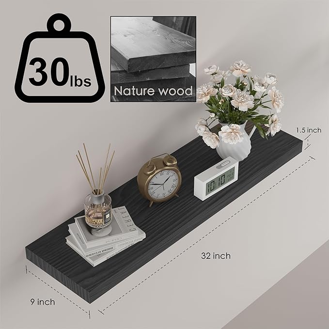 Floating Shelves for Wall - 32 x 9 Inch Natural Wood Shelves for Bathroom, Bedroom, Kitchen Decor, Farmhouse Decor Set of 2, Black
