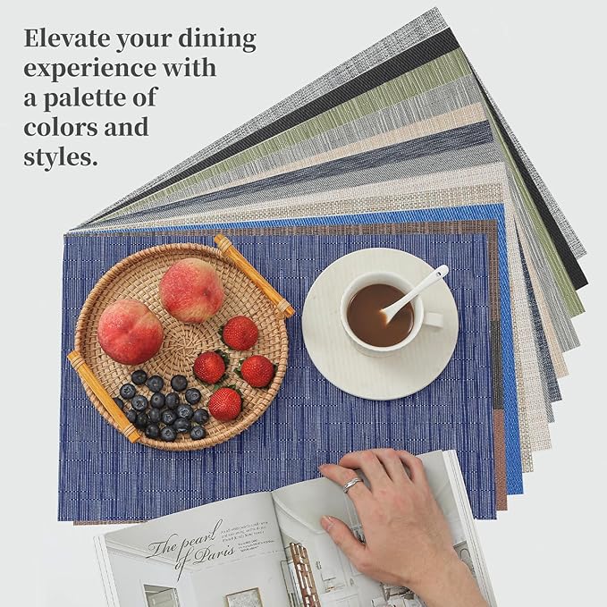 Leetaltree 6PC Grey& 6PC Beige Placemats Set of 12 - Heat Resistant Non-Slip Place mats for Dining Table, Washable Durable PVC Vinyl Woven Table Mats（6PC Grey&6PC Beige）, Grey&beige