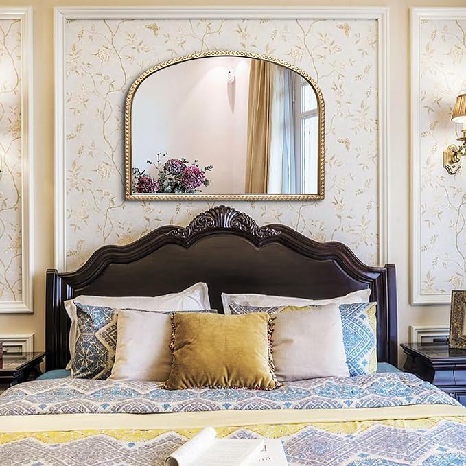Gold Arch Mirror, 36"x28" Metal Beaded Frame Mirror, Ornate Decorative Accent Mirrors, Vintage Arched Mirrors for Vanity Bathroom Bedroom Entryway Living Room Fireplace