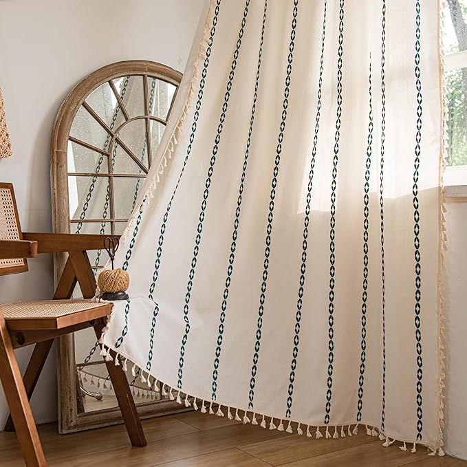Sutuo Home Boho Curtains 84 Inches Long for Bedroom Living Room, Bohemian Drape,Light Filtering Country Semi Blackout Farmhouse Window Treatment Rod Pocket, 1 Panel W52 x L84,White and Hunter Green