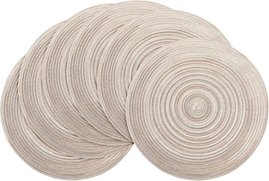 Floroom 15 Inch Round Braided Placemats Set of 6, Washable Heat Resistant Cotton Polyester Circle Place Mats for Kitchen Dining Table - Rainbow Gray
