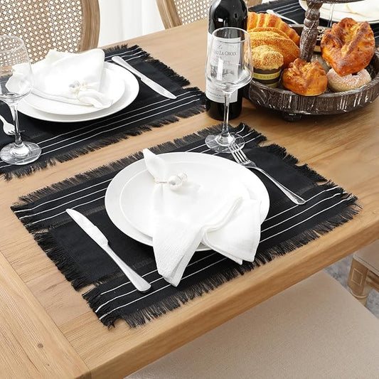 Chassic Rustic Placemats Set of 6, Washable Linen Cloth Place Mats, Woven Dinner Mats for Kitchen, Dining, Party, Wedding and Daily Table Decor - Black