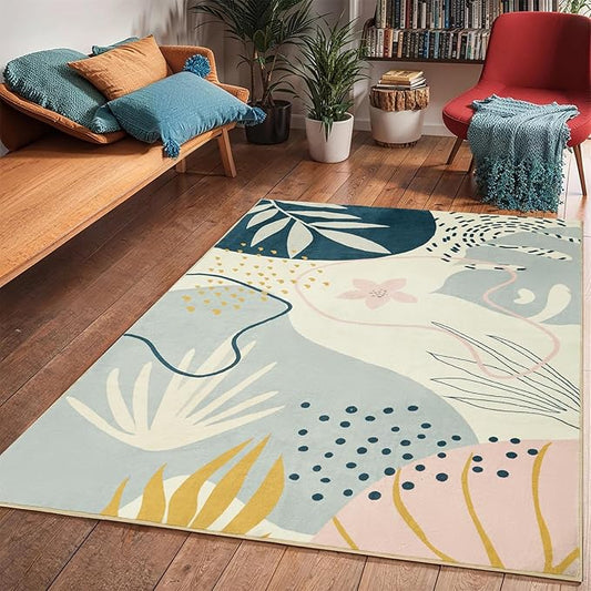 RoomTalks Mid Century Modern Washable Rug, Boho Cute Aesthetic 5x7 Area Rugs for Bedroom Dining Living Room Kitchen Nursery, Blue Abstract Tropical Leaves Thin Indoor Entryway Rug Accent Carpet