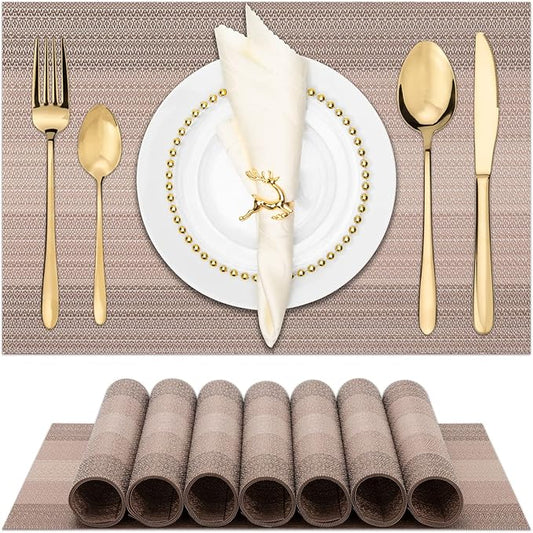 Winknowl Placemats, Set of 8 Heat Resistant Stain Resistant Woven Vinyl Insulation Placemats, Durable Washable Elegant Table Mats for Dining (Pink Gold)