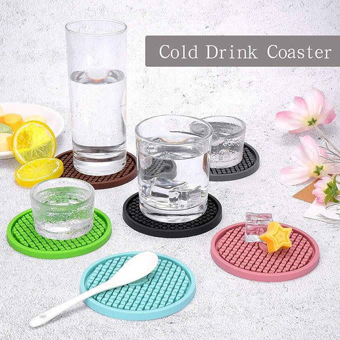 ME.FAN Silicone Coasters [6 Pack] Thickened Drink Coasters with Holder - Cup Mat - Non-Slip, Non-stick, Stay Put, Deep Tray - Prevents Furniture and Tabletop Damages(Pink)