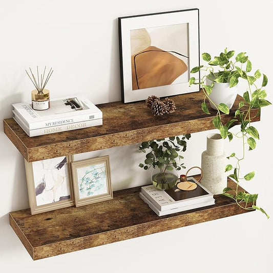 32Inch Floating Shelves, 9.3Inch Deep Rustic Wall Shelves - Extra Deeper & Thicker Wall Mounted Storage Shelf for Kitchen, Farmhouse - Set of 2 - Rustic Brown