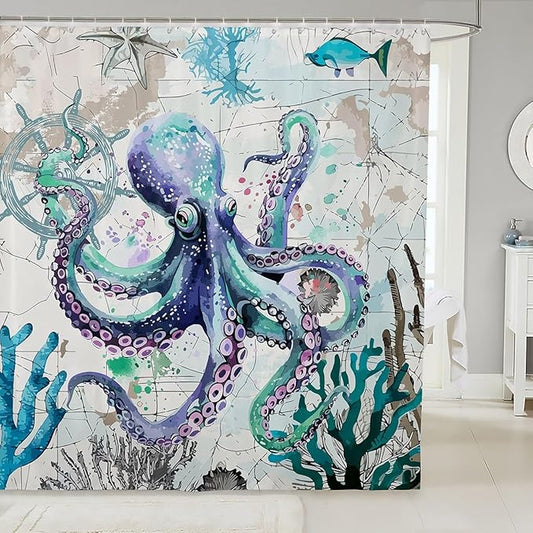 Feelyou Octopus Fabric Shower Curtain Ocean Kraken Shower Curtain for Kids Boys Girls Octopus Tentacles Bathroom Waterproof Accessories with 12 Hooks Nautical Curtains,72x72 Inches