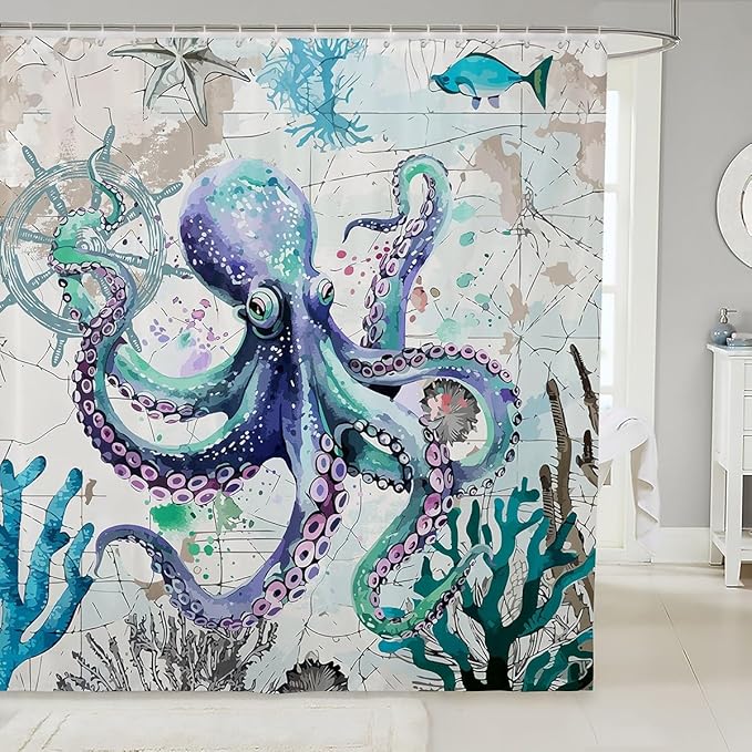 Feelyou Octopus Fabric Shower Curtain Ocean Kraken Shower Curtain for Kids Boys Girls Octopus Tentacles Bathroom Waterproof Accessories with 12 Hooks Nautical Curtains,72x84 Inches