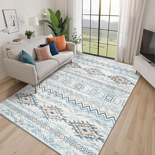Area Rug Living Room Rugs Large Soft Boho Farmhouse Indoor Floor Rug (Blue, 8'x10')