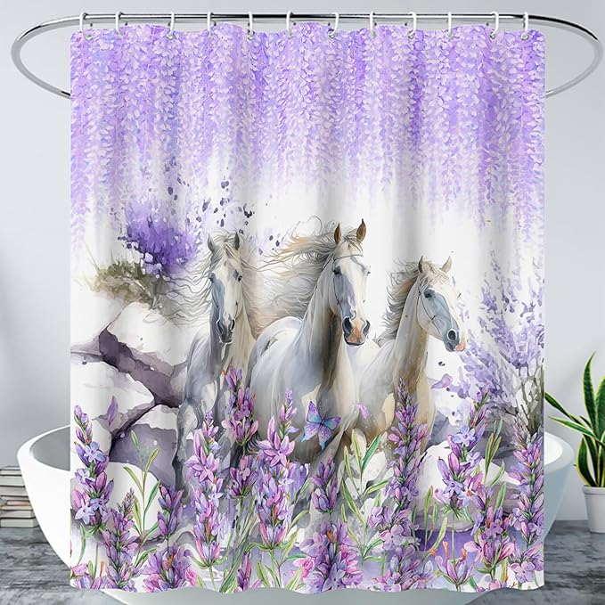 AILONEN Horse Shower Curtain for Boys Girls, Purple Lavender Flower Bath Curtain 48" W*72" H Galloping Horse Bathroom Curtain Polyester Waterproof Watercolor Bathroom Curtain with 12 Hooks