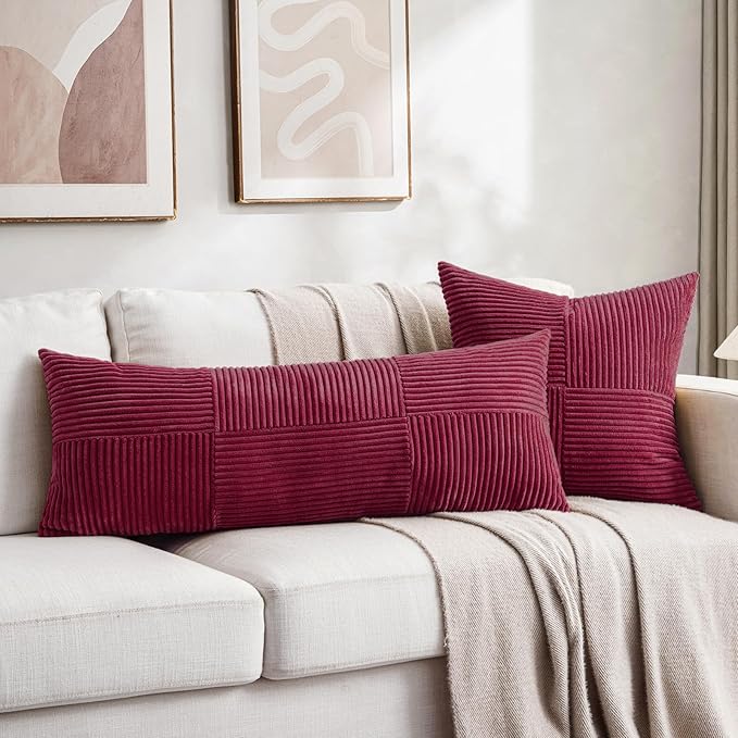 Fancy Homi Set of 2 Burgundy Boho Long Lumbar Body Decorative Throw Pillow Cover 14x36 Inch for Bed Couch Bedroom Bench, Soft Patchwork Corduroy Textured Pillow Case, Rustic Farmhouse Room Décor
